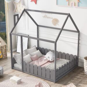 MERITLINE House Bed Full Size Playhouse Bed Frame with Roof Full Kids Bed for Girls Boys, Box Spring Needed, Grey