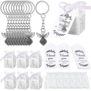 bonuci 120 pieces baptism party favors angel keychain pendant first communion party boxes white organza bags with drawstring thank you tags for guests baby shower, 30 sets