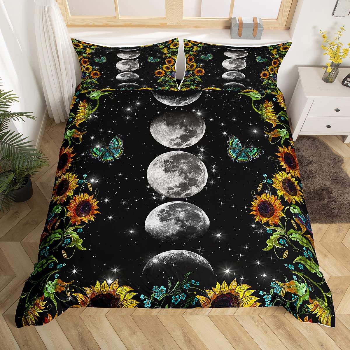 Sunflower Bedding Set Queen Size,Moon Planet Starry Sky Galaxy Universe Duvet Cover with 2 Pillowcases,Floral Trippy Comforter Cover for Kids Teens Boys Girls Adults Room Decor,Soft Black Quilt Cover