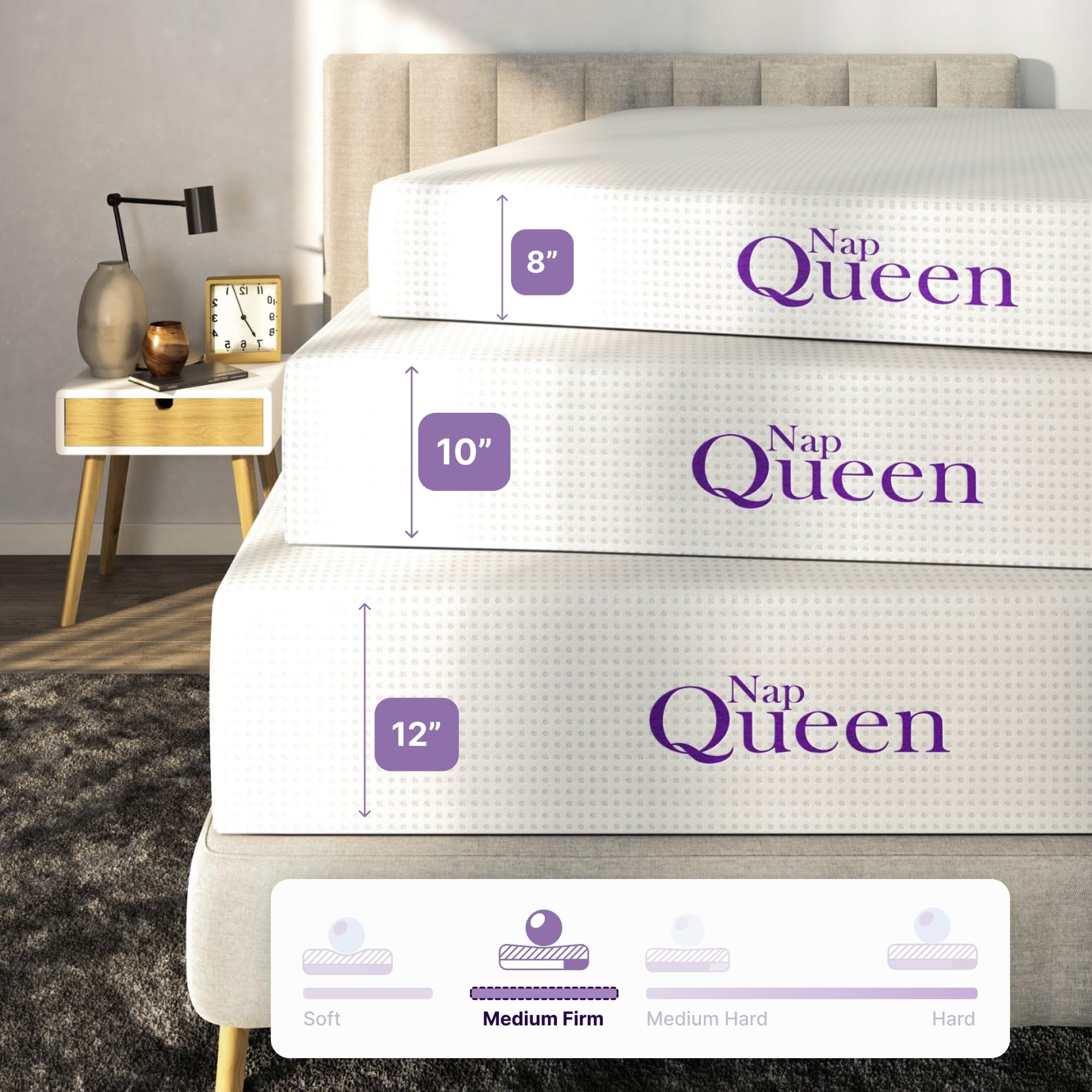 NapQueen 8 Inch Bamboo Charcoal King Size Medium Firm Memory Foam Mattress, Bed in a Box (White)