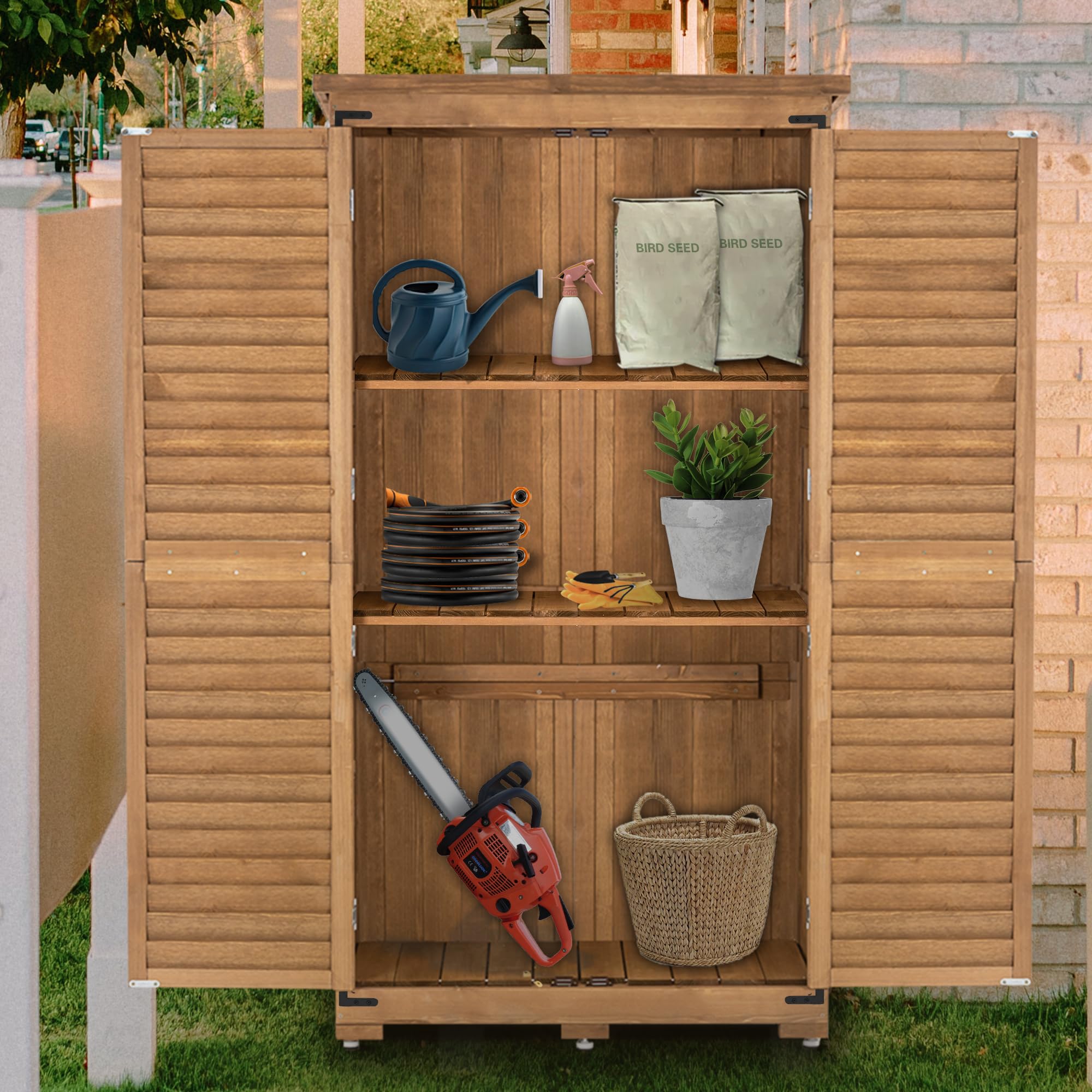 MCombo Outdoor Storage Cabinet, Garden Storage Shed, Outside Vertical Shed with Lockers, Outdoor 63 Inches Wood Tall Shed for Yard and Patio 0870 (Natural)