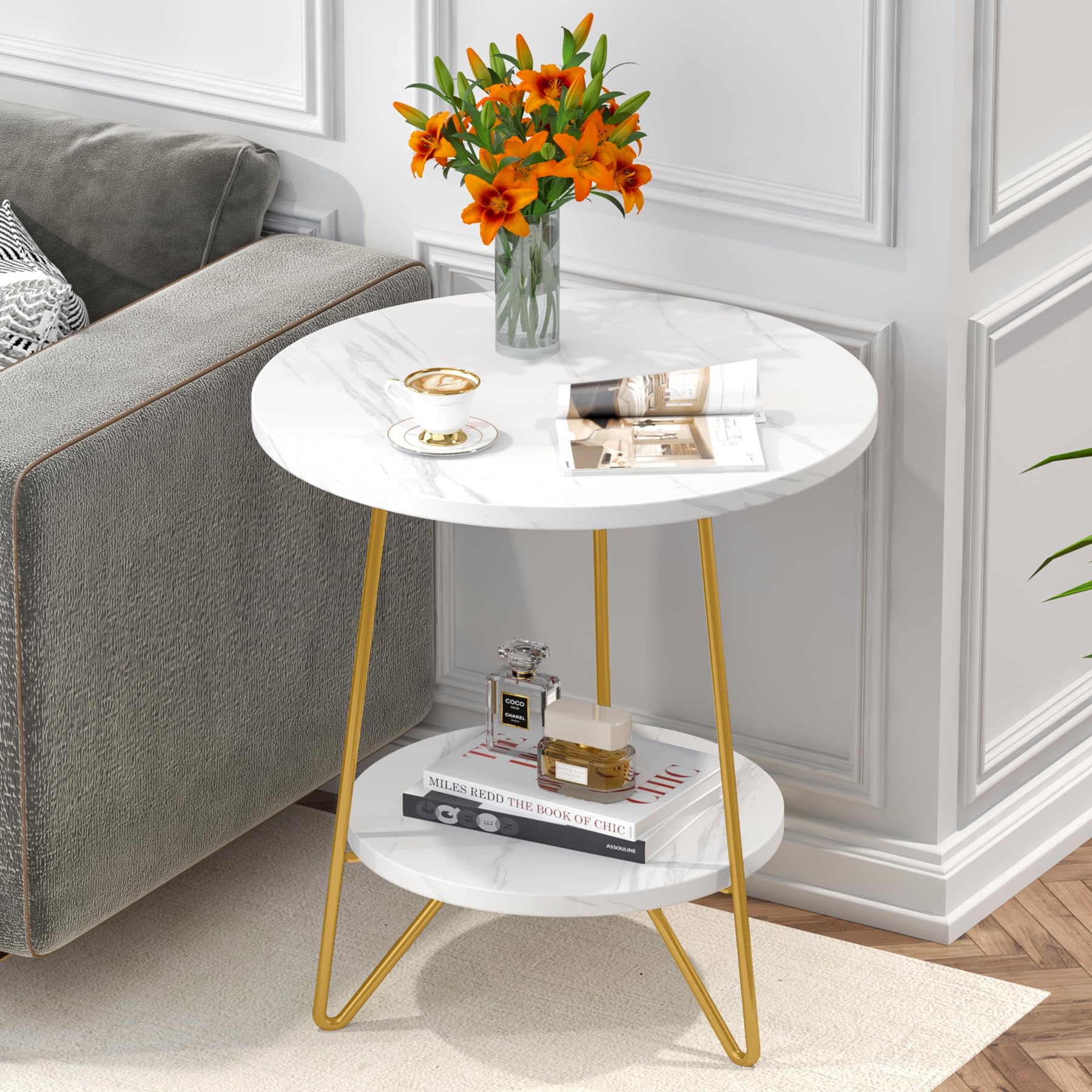 Tribesigns Faux Marble End Table, 2 Tier Round Side Table with Shelves, Modern Gold Nightstand Bedside Table Small Coffee Accent Table for Living Room Bedroom, White and Gold