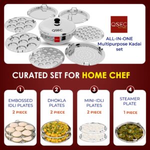 QSEC Stainless Steel Induction Base Idli Maker Multi Kadai Idli Steamer & Idli Cooker With 7 Plates | 2 Mini Idli | 2 Idli | 2 Dhokla | 1 Momo, 4 Literâ€¦