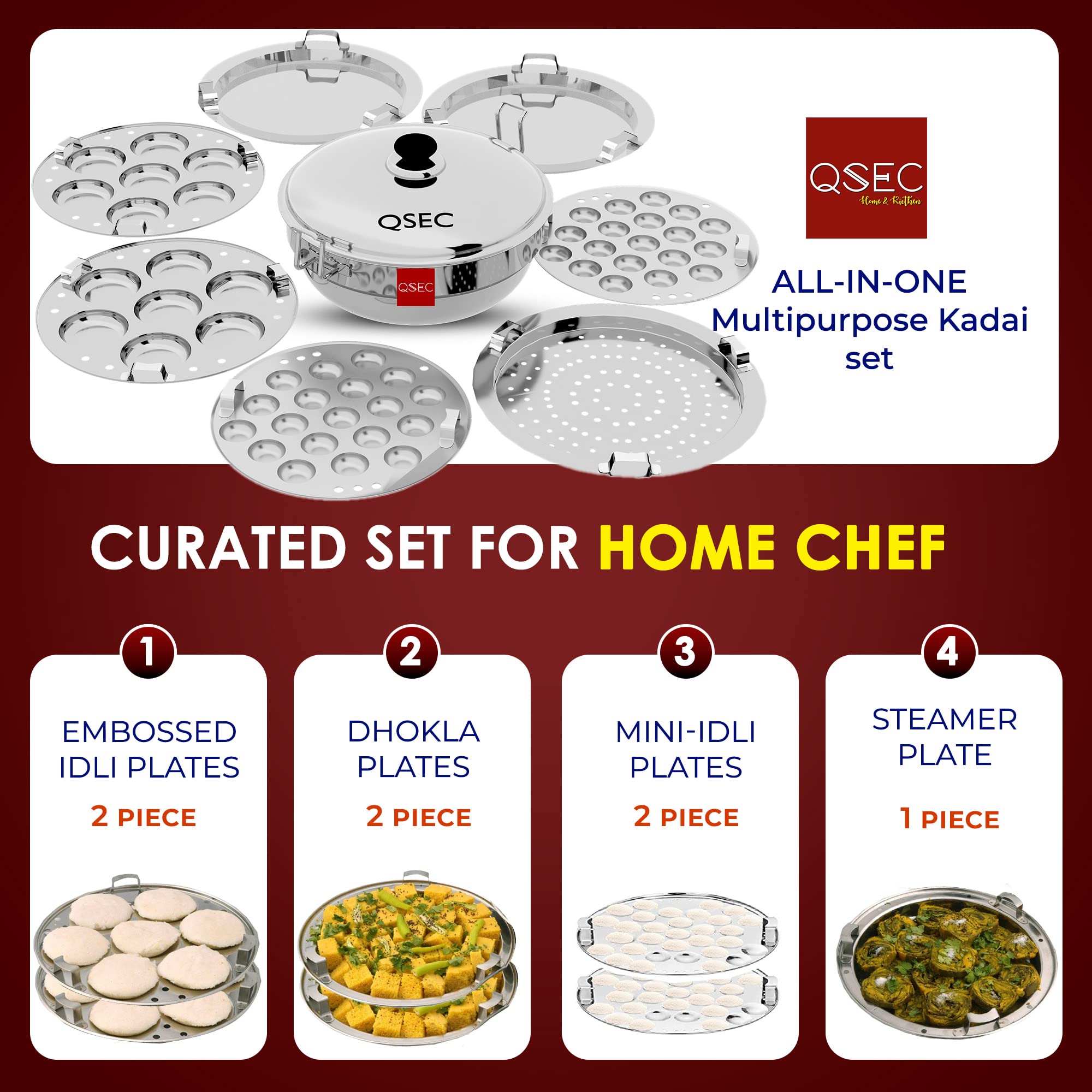 QSEC Stainless Steel Induction Base Idli Maker Multi Kadai Idli Steamer & Idli Cooker With 7 Plates | 2 Mini Idli | 2 Idli | 2 Dhokla | 1 Momo, 4 Literâ€¦