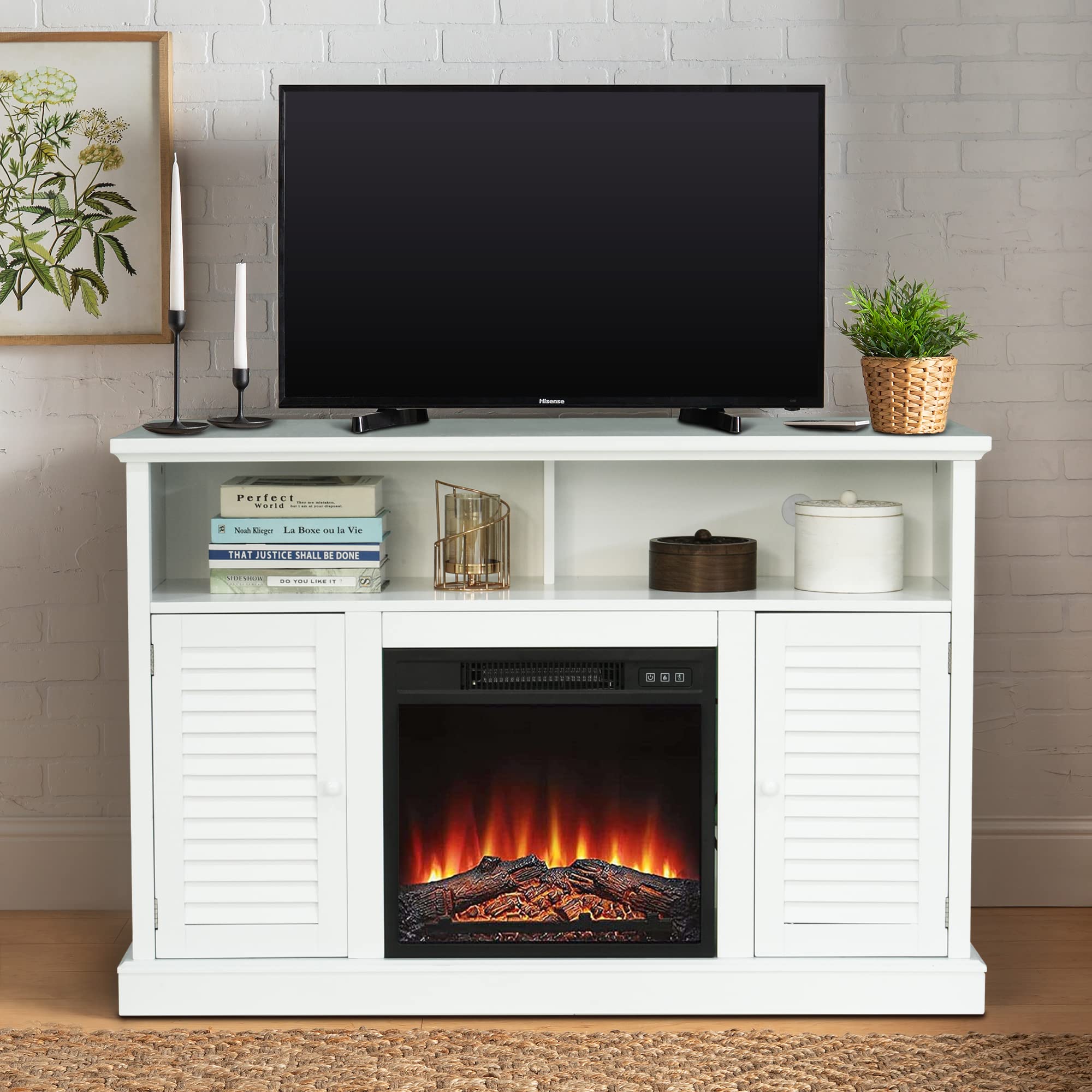 MAISON ARTS 47" White Fireplace TV Stand with Electric Fireplace Inserts Farmhouse 2 Doors Media Console Table Entertainment Center for TVs Up to 55" for Home Living Room Bedroom, White