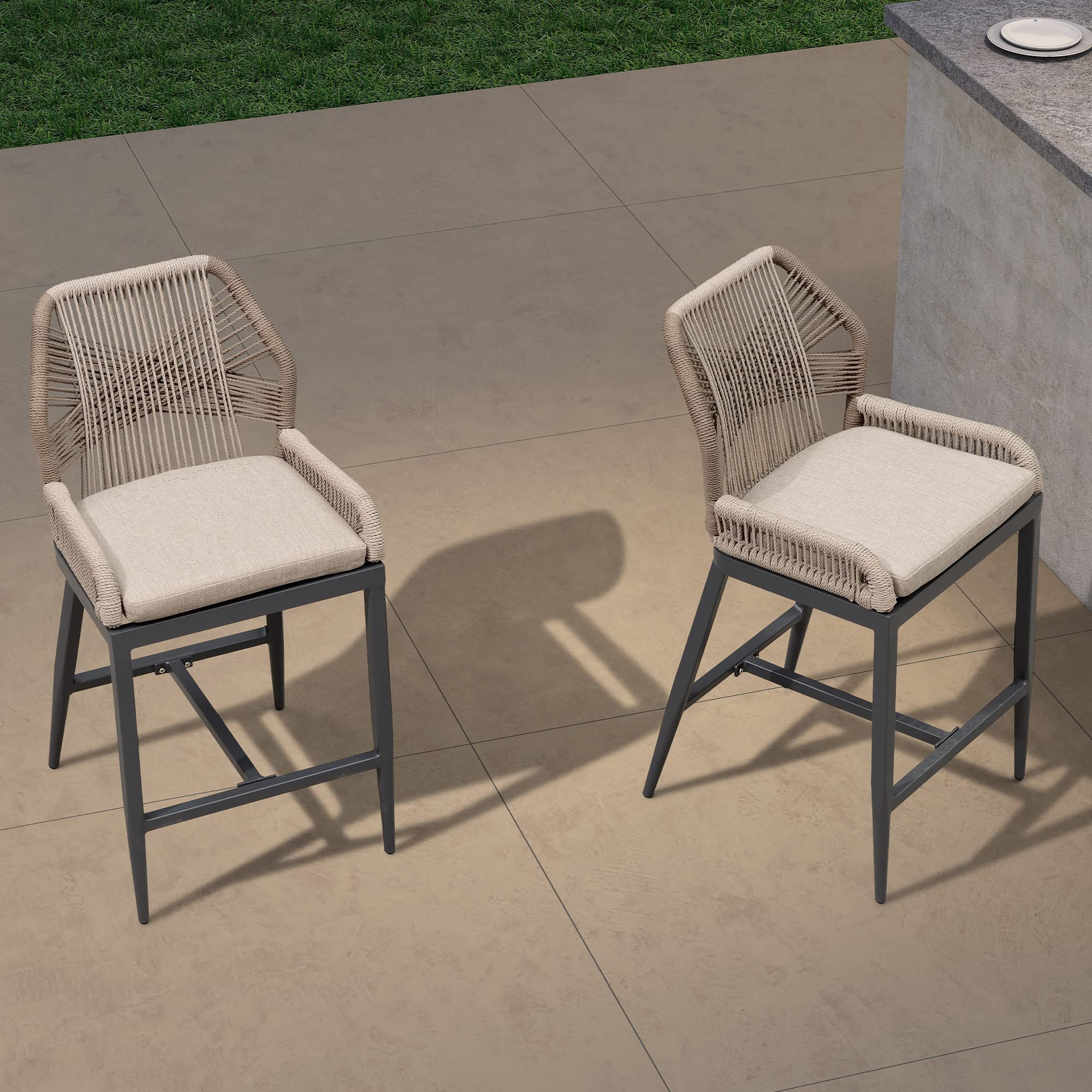 PURPLE LEAF Counter Height Bar Stools Set of 2 Rattan Wicker Outdoor Metal Boho Barstools with Back and Footrest Patio Garden Balcony Pool Bar Chairs