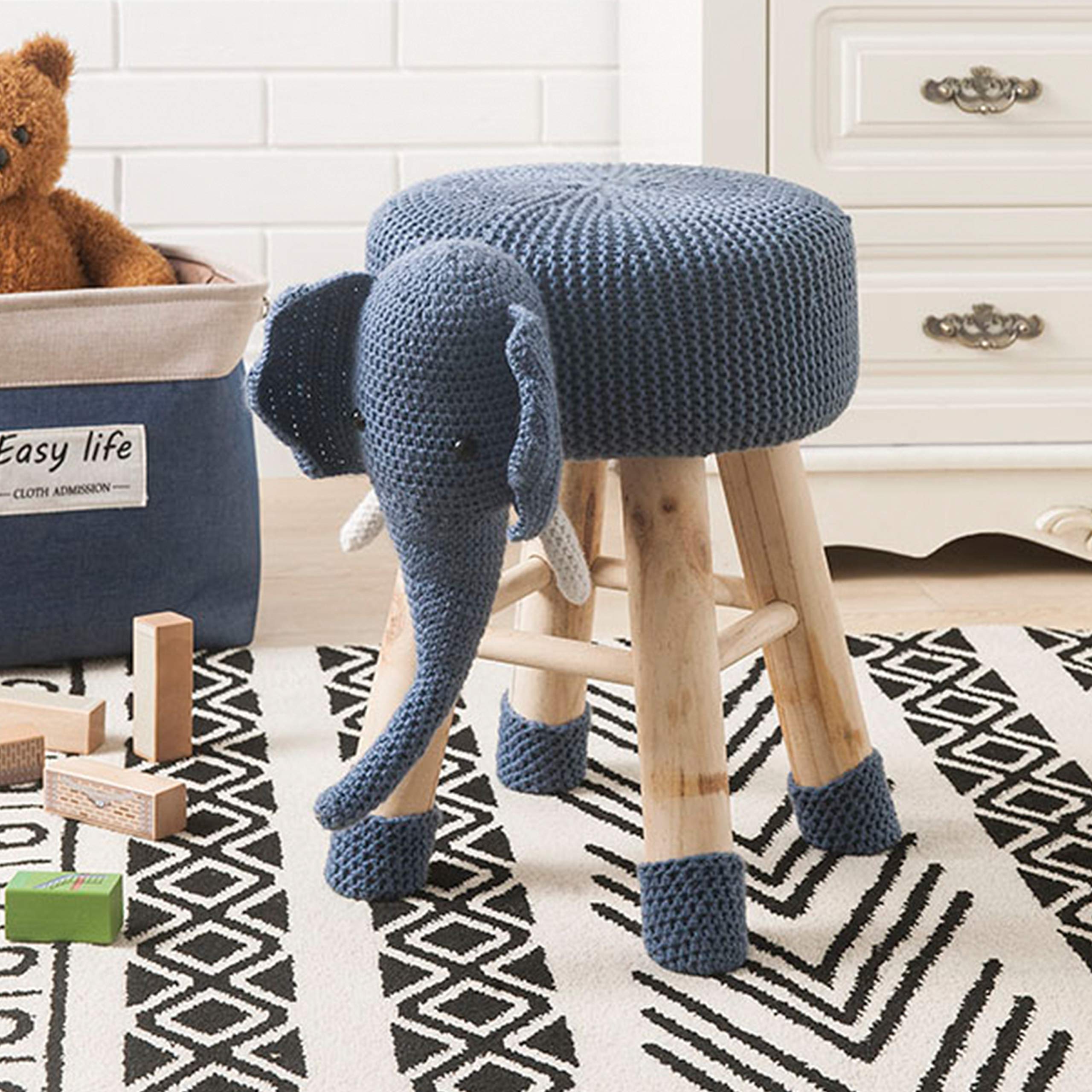 AC Pacific Woodland Elephant Stool for Kids, Animal Themed Wooden Ottoman Chair with Soft Plush Fabric, Sturdy Pine Wood Legs, Ideal for Playrooms, Nurseries or Living Rooms, Navy Blue