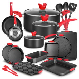 nutrichef non-stick cookware 21-piece set, includes pots & pans, bakeware, & cooking utensils w/ silicone handles - complete set for gas, electric, & ceramic cooktops - ptfe/pfoa/pfos free, black