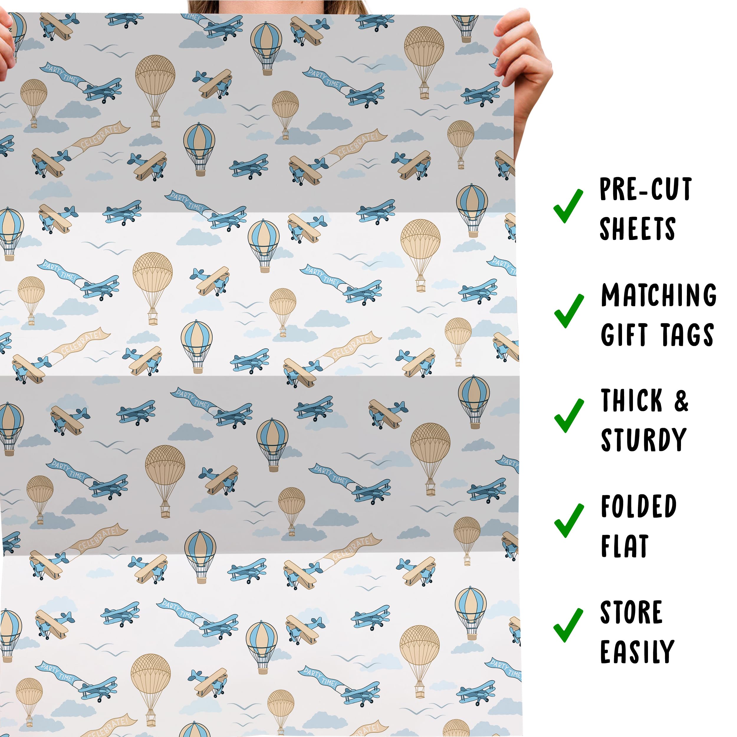 Airplanes Wrapping Paper for Boys - 6 Sheets of Retro Gift Wrap for Him - Hot Air Balloons - Pastel Blue - Planes - Birthday - Bridal Shower - Christmas - For Kids Children - Made in the UK