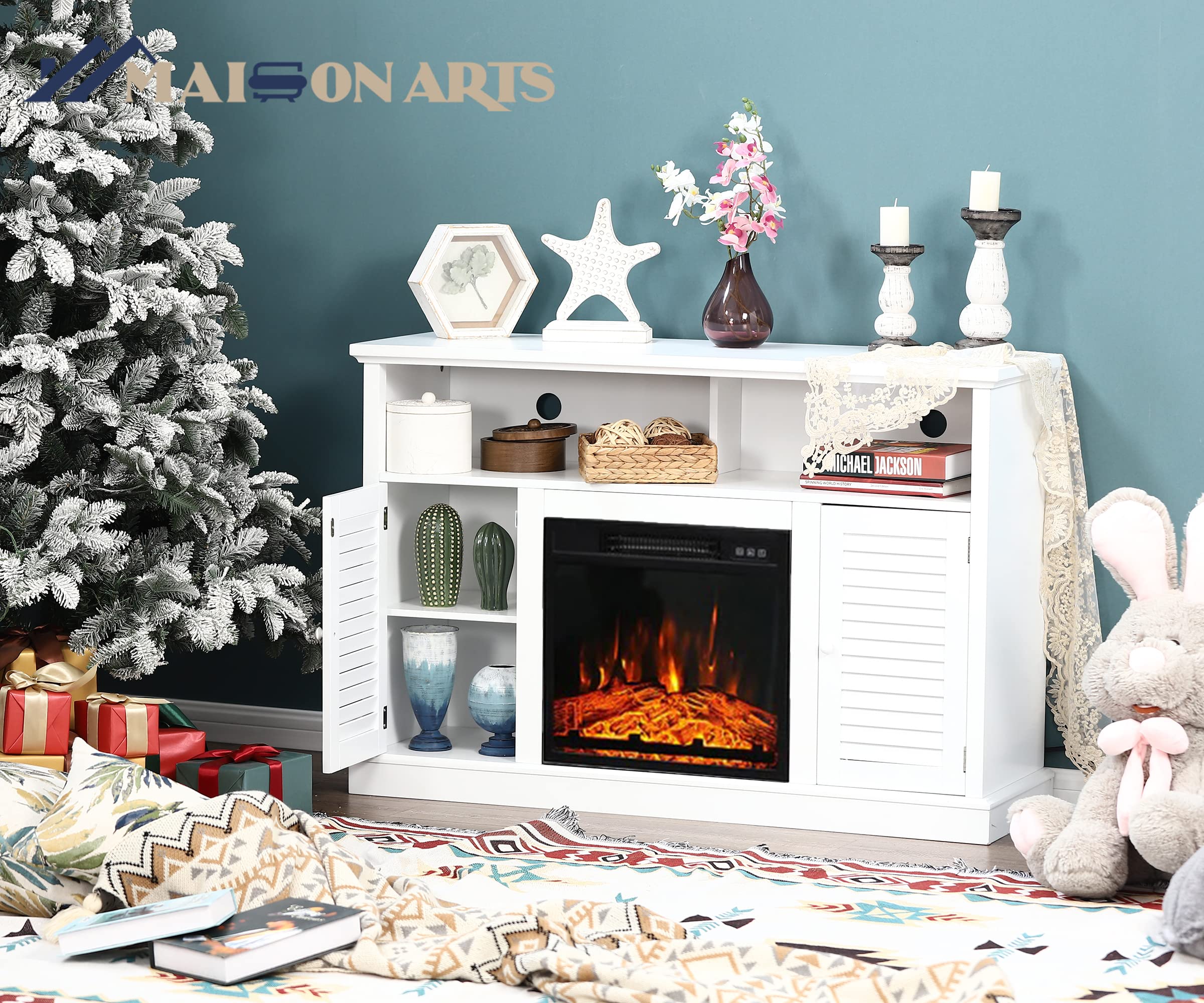 MAISON ARTS 47" White Fireplace TV Stand with Electric Fireplace Inserts Farmhouse 2 Doors Media Console Table Entertainment Center for TVs Up to 55" for Home Living Room Bedroom, White