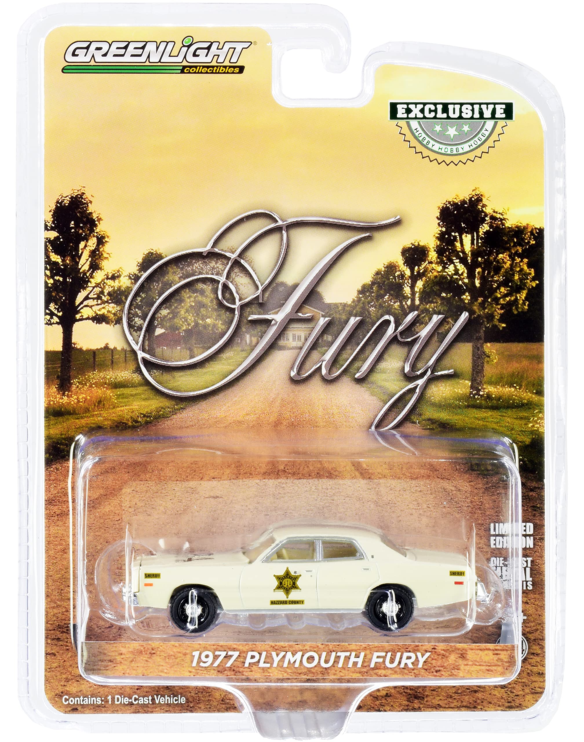 Greenlight 1977 Plymouth Fury Cream #34 Riverton Sheriff Hazzard County Hobby Exclusive 1/64 Diecast Model Car