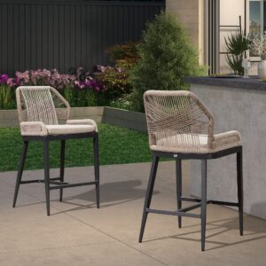 PURPLE LEAF Counter Height Bar Stools Set of 2 Rattan Wicker Outdoor Metal Boho Barstools with Back and Footrest Patio Garden Balcony Pool Bar Chairs