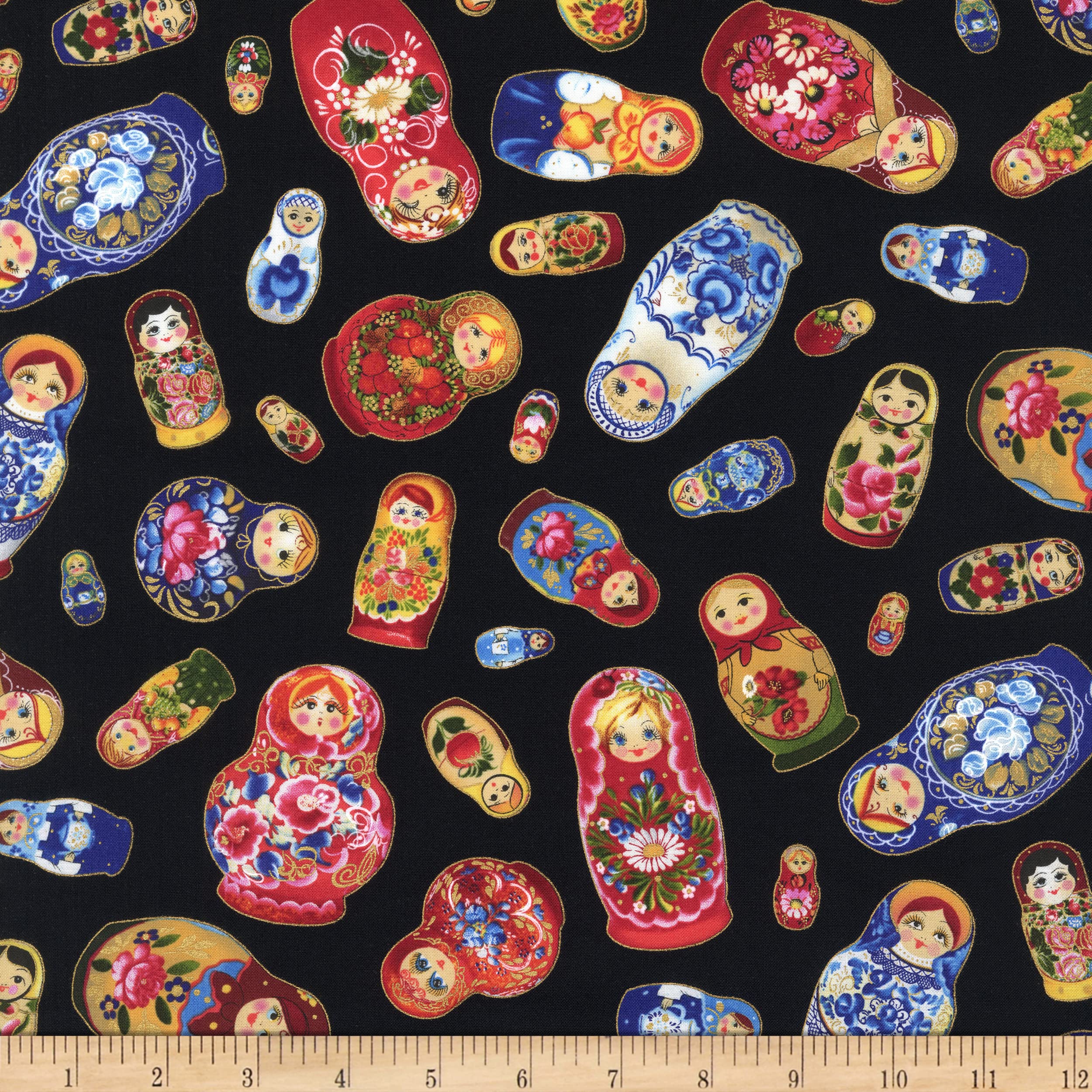 Elizabeth's Studio Metallic Matryoshka Tossed Dolls Black, Fabric by The Yard