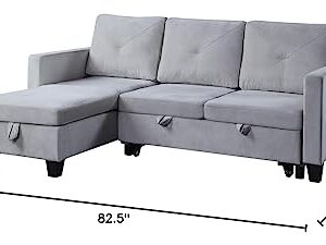 Lilola Home Nova 82.5" W Light Gray Velvet Reversible Sleeper Sectional Sofa with Storage Chaise