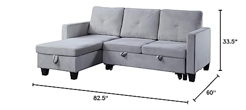 Lilola Home Nova 82.5" W Light Gray Velvet Reversible Sleeper Sectional Sofa with Storage Chaise