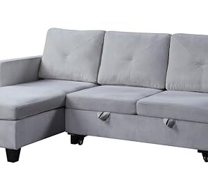 Lilola Home Nova 82.5" W Light Gray Velvet Reversible Sleeper Sectional Sofa with Storage Chaise