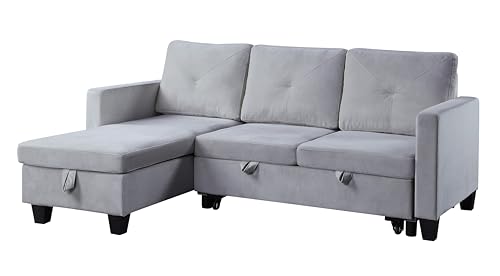 Lilola Home Nova 82.5" W Light Gray Velvet Reversible Sleeper Sectional Sofa with Storage Chaise