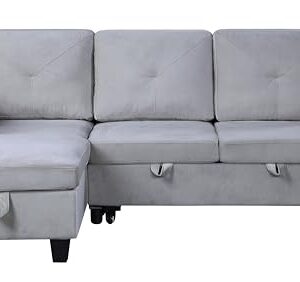 Lilola Home Nova 82.5" W Light Gray Velvet Reversible Sleeper Sectional Sofa with Storage Chaise