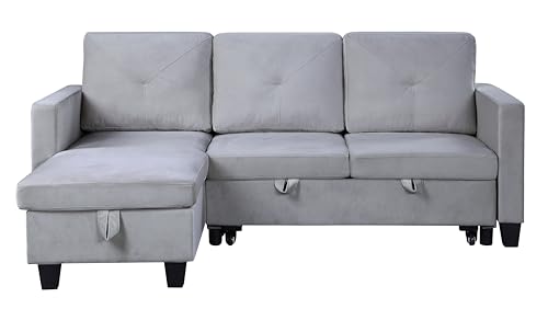 Lilola Home Nova 82.5" W Light Gray Velvet Reversible Sleeper Sectional Sofa with Storage Chaise