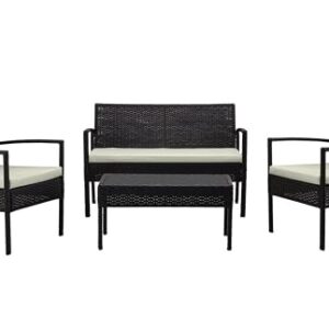 Manhattan Comfort Noli 4-Piece Patio Conversation Set, Outdoor Furniture Made of Steel Rattan | Includes 2 Modern Armchairs, Loveseat, Tempered Glass Coffee Table, Removable Waterproof Cushions, Cream