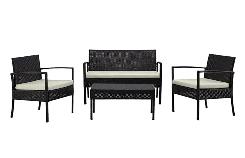 Manhattan Comfort Noli 4-Piece Patio Conversation Set, Outdoor Furniture Made of Steel Rattan | Includes 2 Modern Armchairs, Loveseat, Tempered Glass Coffee Table, Removable Waterproof Cushions, Cream