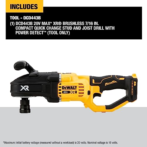 DEWALT 20V MAX XR Brushless Cordless 7/16 in. Compact Stud and Joist Drill with POWER DETECT, Bare Tool Only (DCD443B)