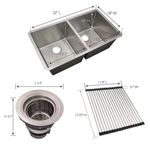 Design House 110080 Rectangular Double Bowl 32x18x10-inch 18-Gauge Undermount Stainless Steel Kitchen Sink Combo with Sink, Roll-Up Drying Rack and Drain Strainer Basket