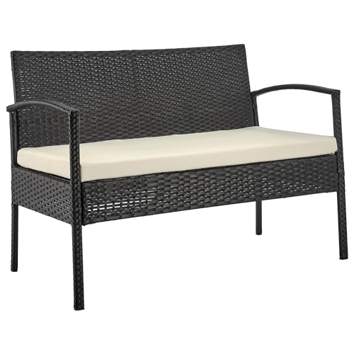 Manhattan Comfort Noli 4-Piece Patio Conversation Set, Outdoor Furniture Made of Steel Rattan | Includes 2 Modern Armchairs, Loveseat, Tempered Glass Coffee Table, Removable Waterproof Cushions, Cream