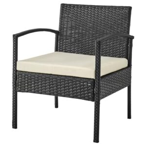 Manhattan Comfort Noli 4-Piece Patio Conversation Set, Outdoor Furniture Made of Steel Rattan | Includes 2 Modern Armchairs, Loveseat, Tempered Glass Coffee Table, Removable Waterproof Cushions, Cream