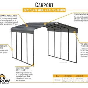 Arrow Carports Galvanized Steel Carport, Full-Size Metal Carport Kit, 12' x 20' x 9', Charcoal