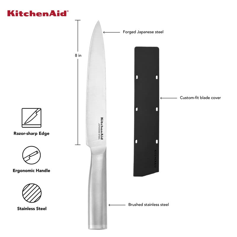 KitchenAid Gourmet Forged Stainless Steel Slicer Knife with Custom-Fit Blade Cover, 8-inch, Sharp Kitchen Knife, High-Carbon Japanese Stainless Steel Blade, Brushed Stainless Steel Handle