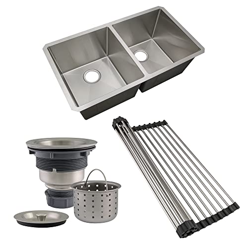 Design House 110080 Rectangular Double Bowl 32x18x10-inch 18-Gauge Undermount Stainless Steel Kitchen Sink Combo with Sink, Roll-Up Drying Rack and Drain Strainer Basket