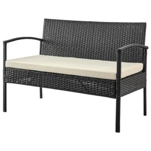 Manhattan Comfort Noli 4-Piece Patio Conversation Set, Outdoor Furniture Made of Steel Rattan | Includes 2 Modern Armchairs, Loveseat, Tempered Glass Coffee Table, Removable Waterproof Cushions, Cream