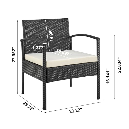 Manhattan Comfort Noli 4-Piece Patio Conversation Set, Outdoor Furniture Made of Steel Rattan | Includes 2 Modern Armchairs, Loveseat, Tempered Glass Coffee Table, Removable Waterproof Cushions, Cream