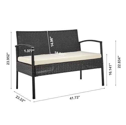 Manhattan Comfort Noli 4-Piece Patio Conversation Set, Outdoor Furniture Made of Steel Rattan | Includes 2 Modern Armchairs, Loveseat, Tempered Glass Coffee Table, Removable Waterproof Cushions, Cream