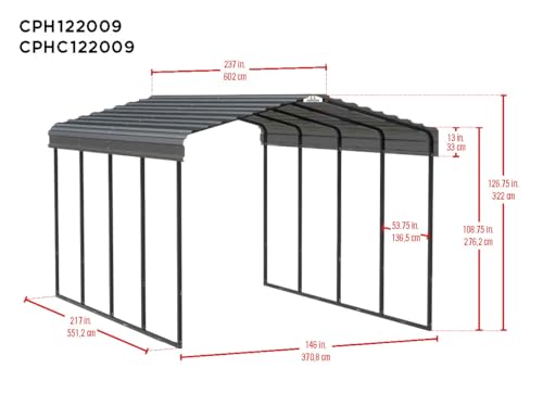 Arrow Carports Galvanized Steel Carport, Full-Size Metal Carport Kit, 12' x 20' x 9', Charcoal