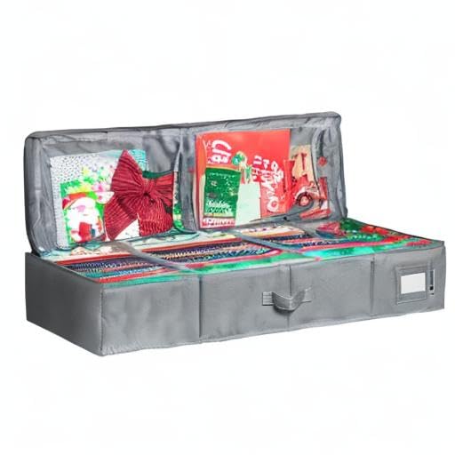 Premium Wrapping Paper Storage Container -Durable Material 600D tear-proof - Fits up to 27 Paper Rolls -Extra Pockets for Ribbons & Bows. Underbed Gift Wrap Organizer, Ideal for Holiday Christmas, etc