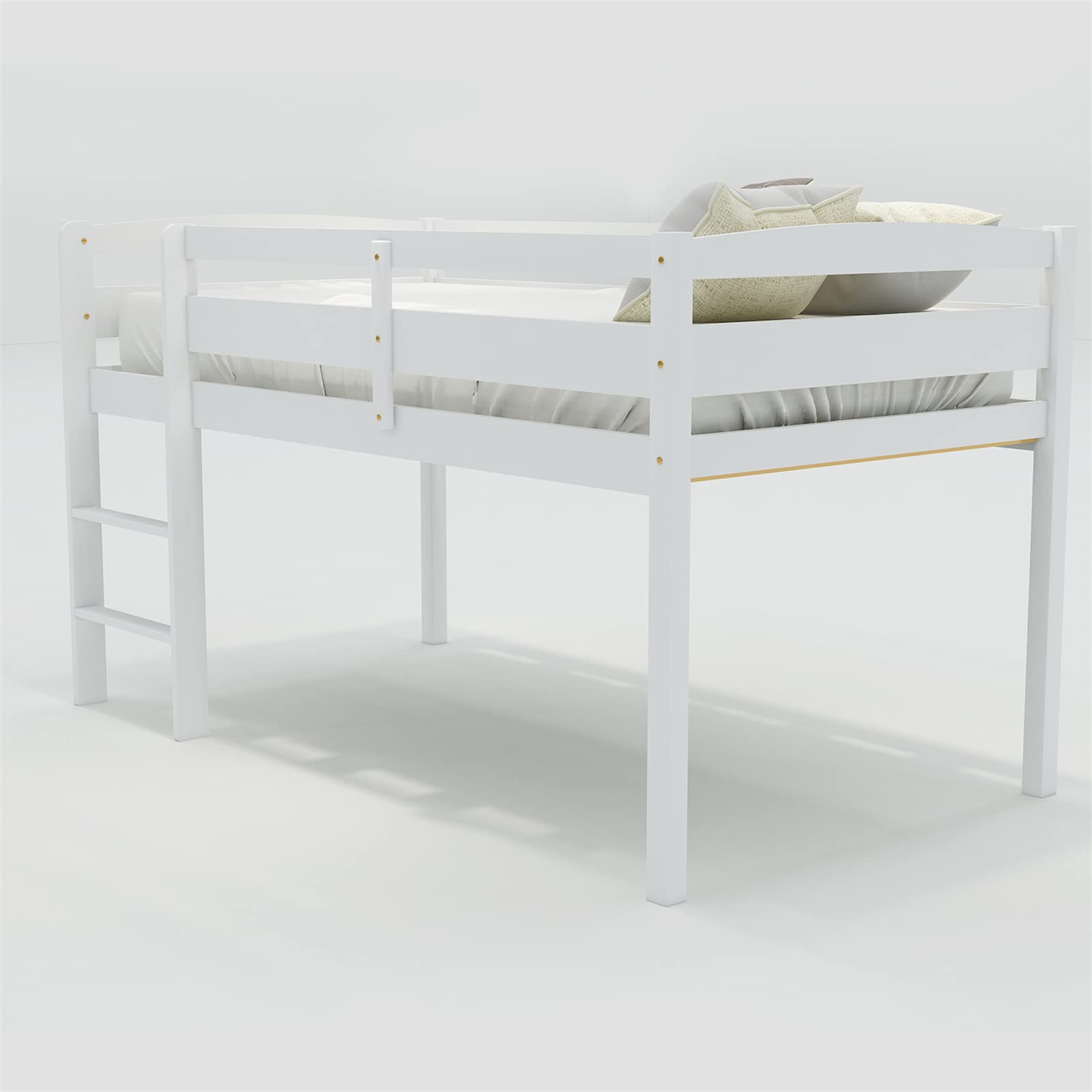 Bellemve Low Loft Bed Twin Size Wooden Loft Bed Frame with Ladder for Kids Girls Boys Teens, White