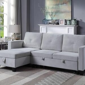 Lilola Home Nova 82.5" W Light Gray Velvet Reversible Sleeper Sectional Sofa with Storage Chaise