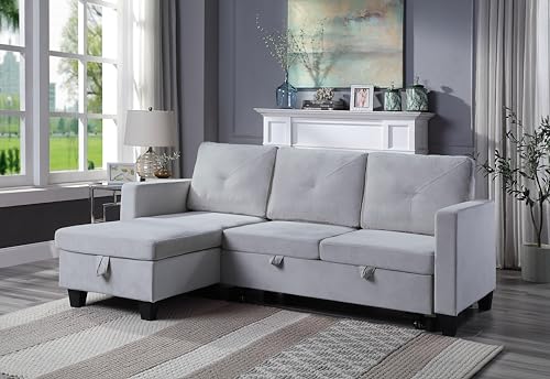 Lilola Home Nova 82.5" W Light Gray Velvet Reversible Sleeper Sectional Sofa with Storage Chaise