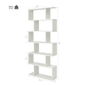 Giantex Geometric Bookcase White, S-Shaped Wooden Bookshelf, 6-Tier Modern Freestanding Decorative Storage Display Shelves for Bedroom, Living Room