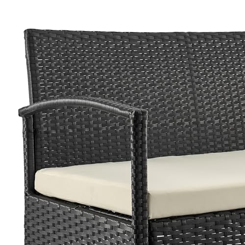 Manhattan Comfort Noli 4-Piece Patio Conversation Set, Outdoor Furniture Made of Steel Rattan | Includes 2 Modern Armchairs, Loveseat, Tempered Glass Coffee Table, Removable Waterproof Cushions, Cream