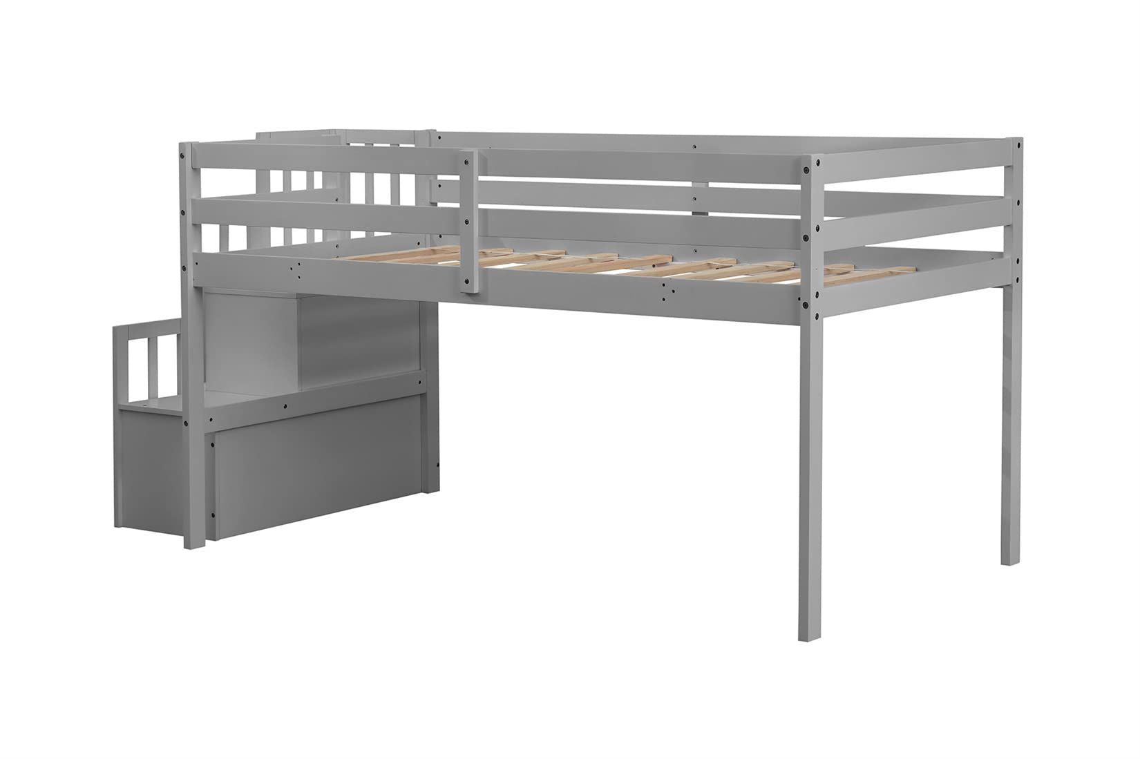 Bellemave Low Loft Bed with Stairs Twin Loft Bed with Storage Wood Bed Frame for Kids Teens Girls Boys, Gray