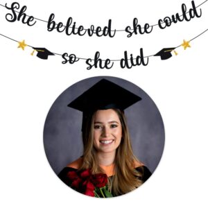 2024 Graduation Banner, Glittery She Believed She Could So She Did Banner Garland Photo Props Banner for Party Home Classroom Decorations… (Black)