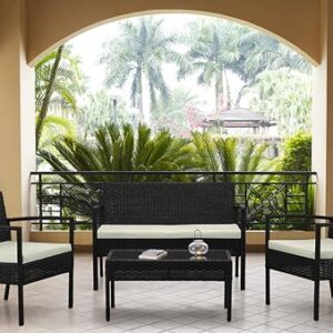 Manhattan Comfort Noli 4-Piece Patio Conversation Set, Outdoor Furniture Made of Steel Rattan | Includes 2 Modern Armchairs, Loveseat, Tempered Glass Coffee Table, Removable Waterproof Cushions, Cream