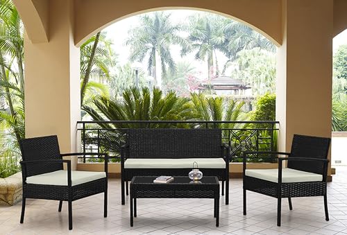 Manhattan Comfort Noli 4-Piece Patio Conversation Set, Outdoor Furniture Made of Steel Rattan | Includes 2 Modern Armchairs, Loveseat, Tempered Glass Coffee Table, Removable Waterproof Cushions, Cream