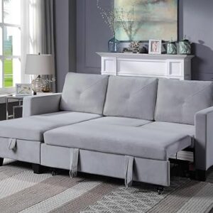 Lilola Home Nova 82.5" W Light Gray Velvet Reversible Sleeper Sectional Sofa with Storage Chaise