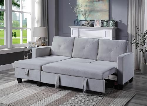 Lilola Home Nova 82.5" W Light Gray Velvet Reversible Sleeper Sectional Sofa with Storage Chaise