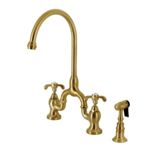 kingston brass ks7797txbs french country bridge kitchen faucet, brushed brass