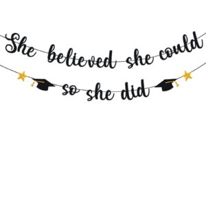 2024 graduation banner, glittery she believed she could so she did banner garland photo props banner for party home classroom decorations… (black)